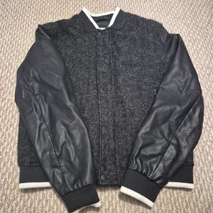 Goodfellow & Co. Mens Gray Coat Large Furry Wool Leather Bomber Jacket Preppy